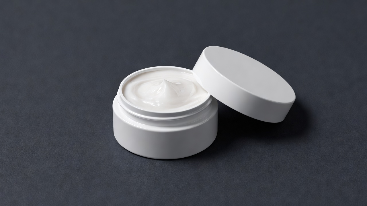 3D render of an open white cream jar with its lid resting beside it, softly lit on a charcoal backdrop