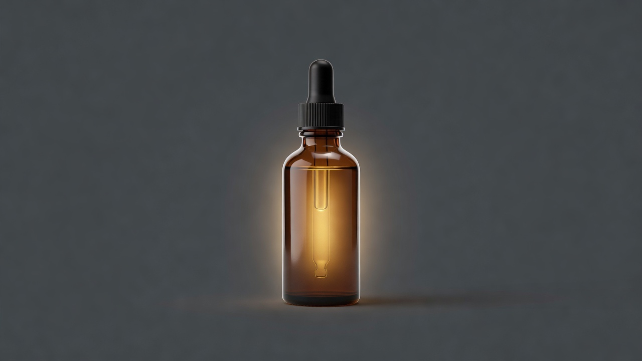 3D render of a single amber dropper serum bottle with a soft glow, isolated on a dark grey background