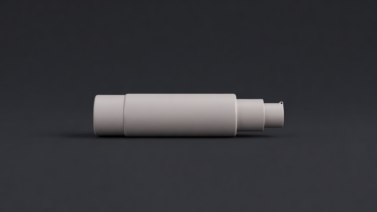3D render of a matte pump tube of moisturiser lying on its side under soft studio light against a charcoal backdrop
