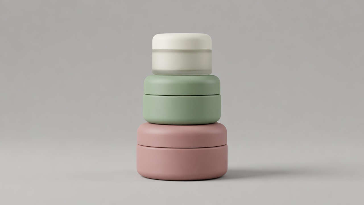 Soft 3D render of a trio of stacked cosmetic jars in muted tones on a plain grey background